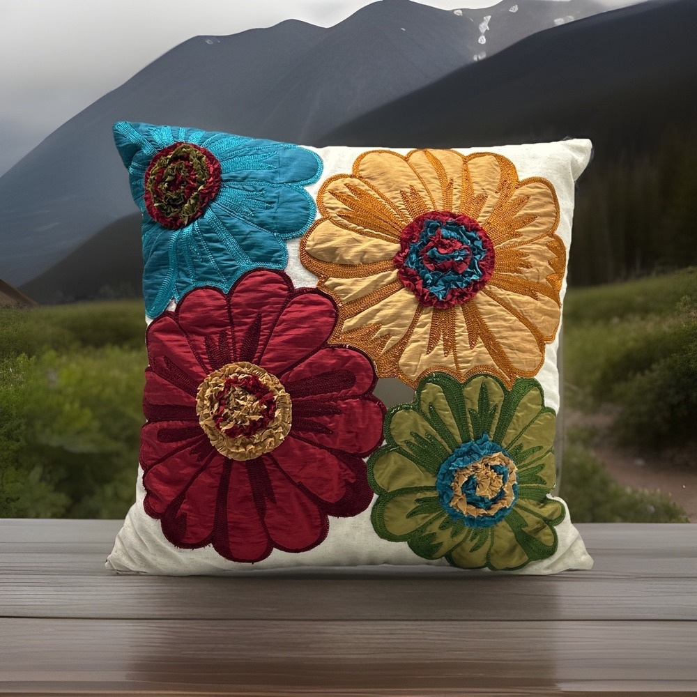 Pier 1 Imports Embroidered Floral Pillow Red Blue Green Yellow 18" x18" Appliqué
